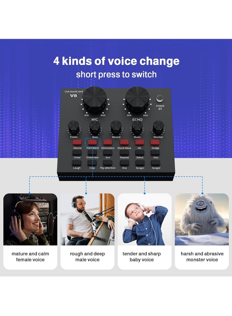 External Sound Card, USB V8 Live External Sound Mixer Board, Voice Changer Sound Card with Multiple Sound Effects for Live Recording Home KTV Voice Chat (V8) - Image 4