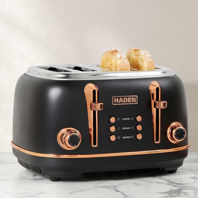 Haden Heritage Black 4 Slice Toaster - Adjustable Browning Control, Reheat and Defrost Functions - Stainless Steel With Self-centring Function - 1370-1630W - Image 2
