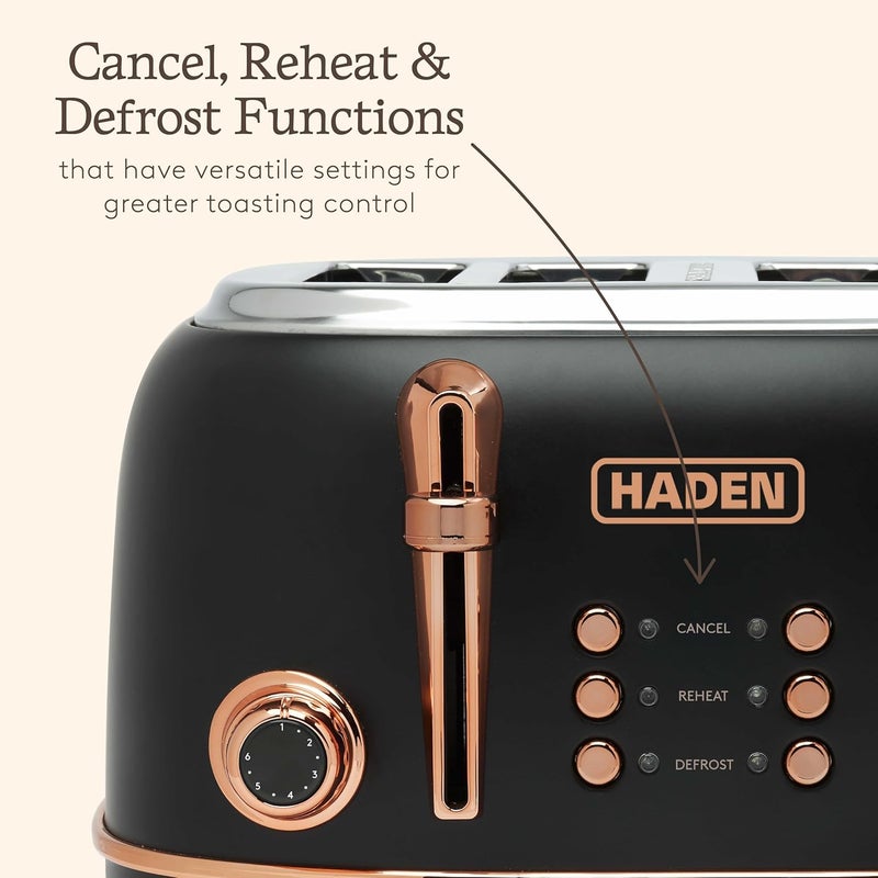 Haden Heritage Black 4 Slice Toaster - Adjustable Browning Control, Reheat and Defrost Functions - Stainless Steel With Self-centring Function - 1370-1630W - Image 5