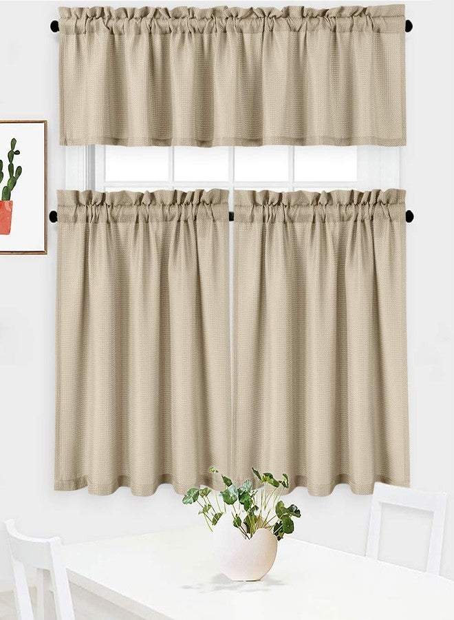 NANAN 3 Pieces Cafe Curtain Set(2 Curtain Tier & 1 Valance), Waffle Woven Half Window Curtains for Bathroom Waterproof Kitchen Window Treatment Set, Plaza Taupe