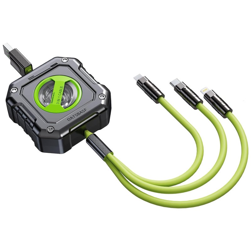 KASTWAVE 3-in-1 Retractable Fast Charging Cable - Type-C, Micro USB, iPhone Port - Green (4ft) - Image 2