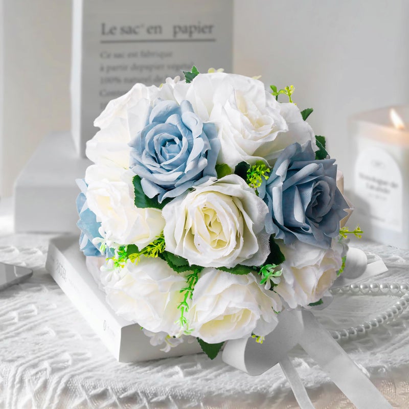 Qeedy Wedding Bouquets for Bride & Bridesmaid - Realistic Silk Flowers Artificial Roses, 8 Inch Bridesmaid Bouquet for Ceremony, Church, Anniversary, and Home Decoration (White & Blue) - Image 3