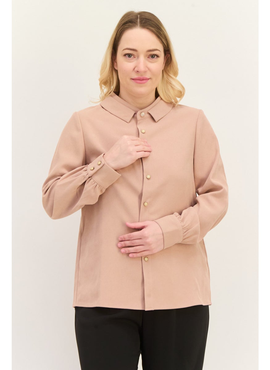 STEVE MADDEN - Women Spread Collar Long Sleeves  Textured Blouse, Peach - Image 1