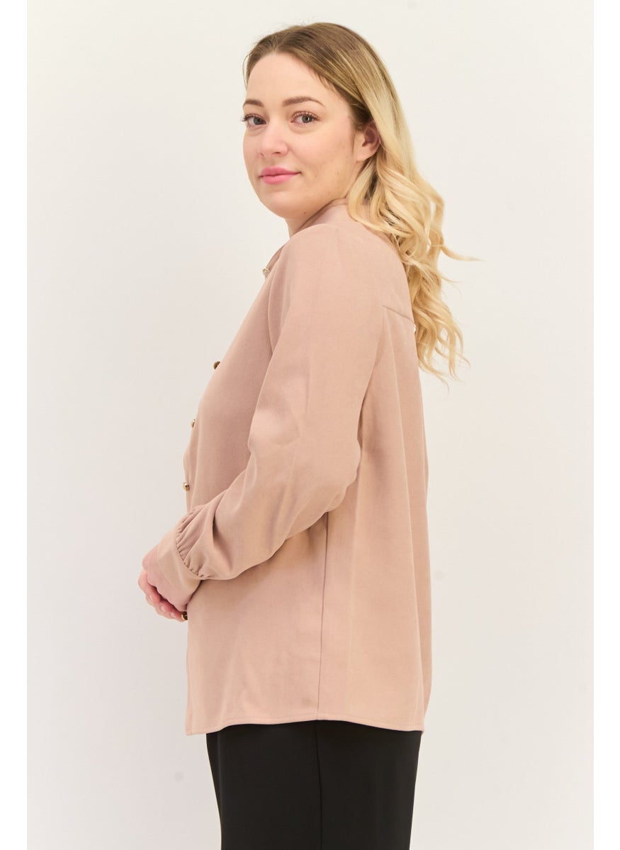 STEVE MADDEN - Women Spread Collar Long Sleeves  Textured Blouse, Peach - Image 1