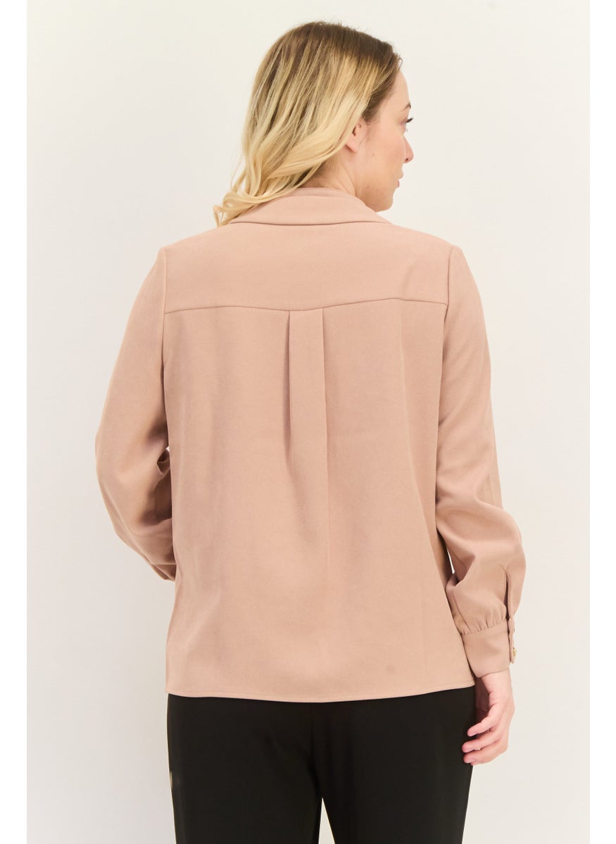 STEVE MADDEN - Women Spread Collar Long Sleeves  Textured Blouse, Peach - Image 1