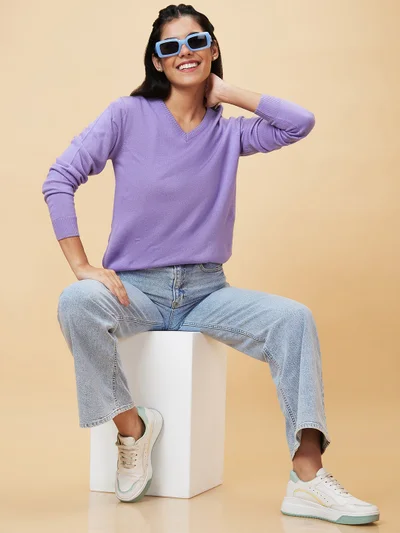 جلو باص Women Purple V-Neck Acrylic Sweater