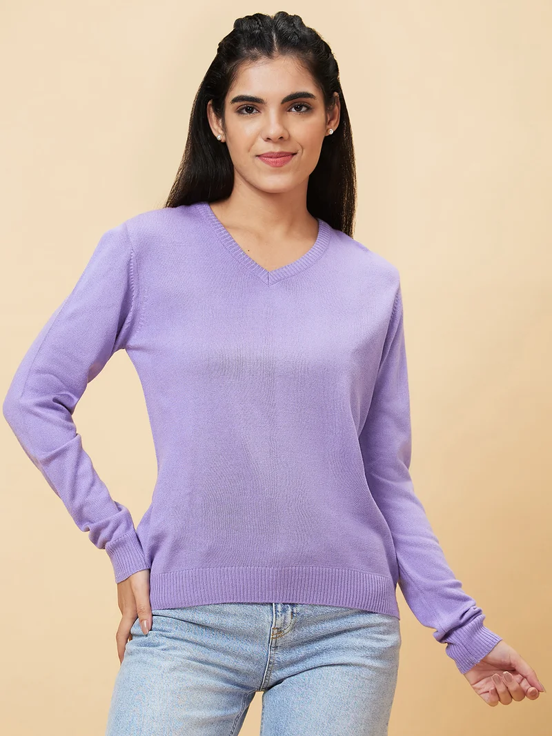 globus Women Purple V-Neck Acrylic Sweater