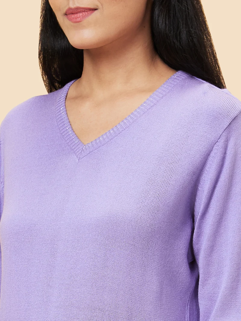 globus Women Purple V-Neck Acrylic Sweater