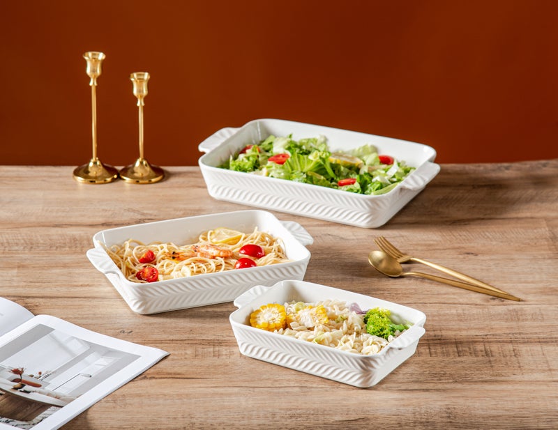 Dove 3-Piece Rectangular Porcelain Baking Dish Set White, Sizes 10 + 12 + 14 Inch