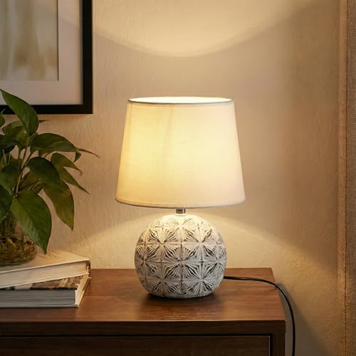 Decor & More Modern Ceramic Base Bedside LED Table Lamp | Table Lamps for Home Decoration and Bedroom Decor with On/Off Button | Night Lamp with Cotton Fabric Shade (Bulb not Included), White - Image 1