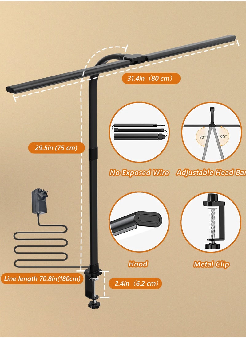 LOOPITYS - LED Desk Lamp for Home Office, Double Head LED Desk Lamp with Clamp, Eye Protection Architect Table Lamps, 18W 80CM Brightest 5 Color Modes and Dimmable Workbench Office Light for Reading - Image 1