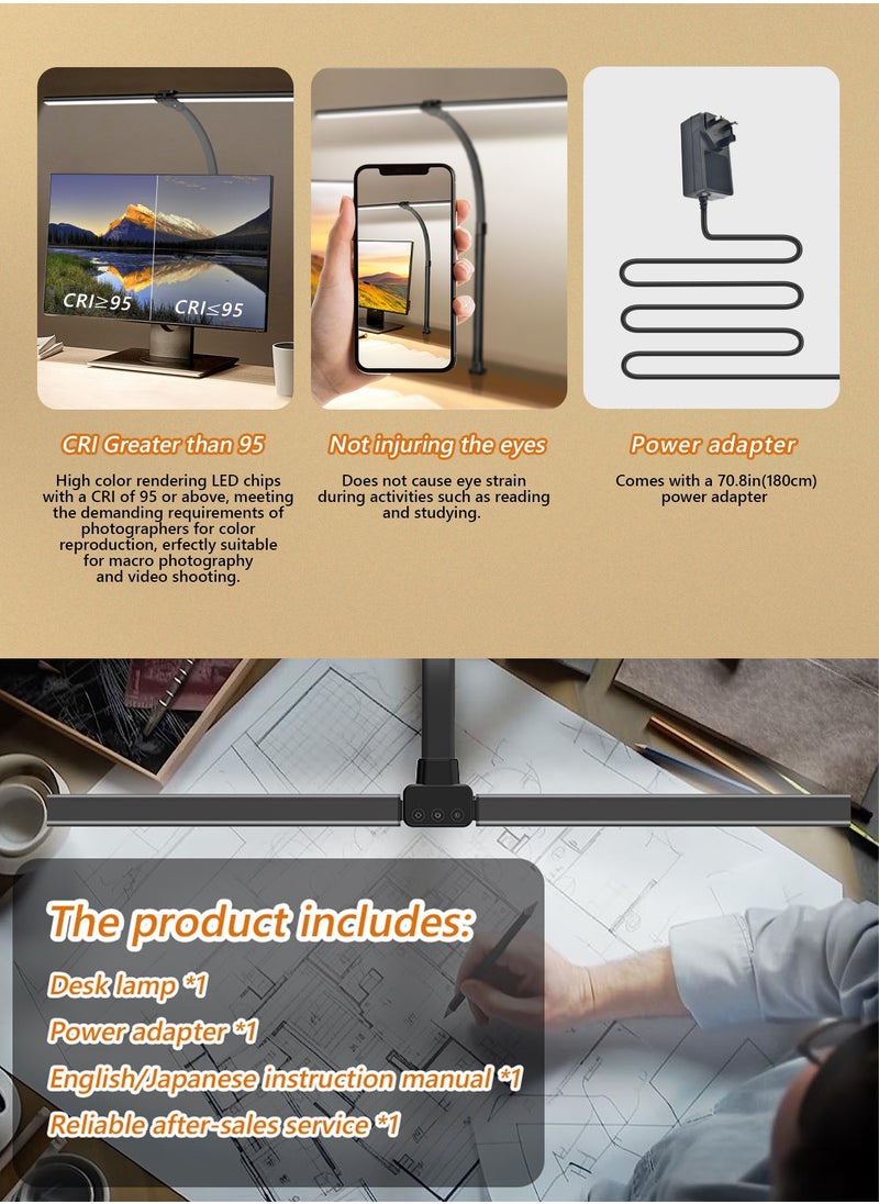 LOOPITYS - LED Desk Lamp for Home Office, Double Head LED Desk Lamp with Clamp, Eye Protection Architect Table Lamps, 18W 80CM Brightest 5 Color Modes and Dimmable Workbench Office Light for Reading - Image 1