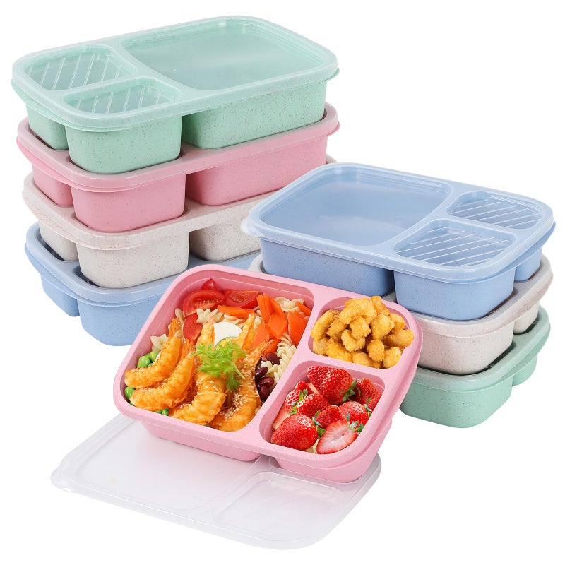 buluker 8 Pack Bento Lunch Box Set 3 Compartment Wheat Straw Meal Prep Food Storage Containers Plastic Microwave and Dishwasher Safelight colour