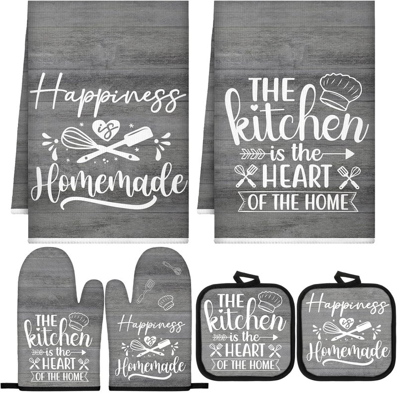 Sratte 6 Pcs Kitchen Decor Accessories Set Farmhouse Towels Pot Holders Oven Mitts Set 2 Dish Towels 2 Potholders 2 Cooking Mittens Oven Glove for Christmas Baking Cooking (Dark Gray) - Image 1