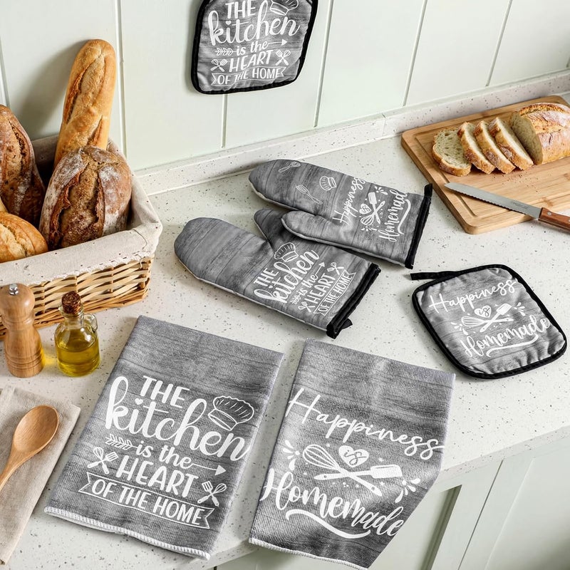 Sratte 6 Pcs Kitchen Decor Accessories Set Farmhouse Towels Pot Holders Oven Mitts Set 2 Dish Towels 2 Potholders 2 Cooking Mittens Oven Glove for Christmas Baking Cooking (Dark Gray) - Image 3