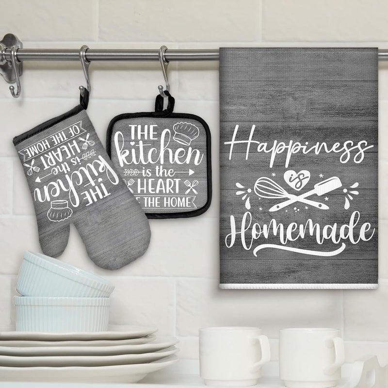 Sratte 6 Pcs Kitchen Decor Accessories Set Farmhouse Towels Pot Holders Oven Mitts Set 2 Dish Towels 2 Potholders 2 Cooking Mittens Oven Glove for Christmas Baking Cooking (Dark Gray) - Image 2