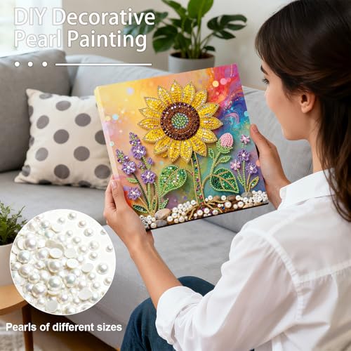 ARTopet DIY Pearl Painting Kit with Frame Gemstone Pearl Diamond Dots Beads Canvas Art Craft for Adult Beginners Display for Tabletop and Wall Mounting Home Decor-Sunflower - Image 4