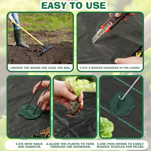 ECcandiedhaws 4ftx50ft Premium Weed Barrier Fabric, 3.2oz Heavy Duty Landscape Fabric with Hook Staples Gaskets Gloves, High Permeability Garden Cloth Mat Good for Landscaping Weed Blocker Fabric Garden Bed Cover - Image 5