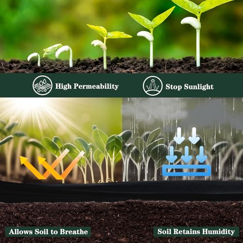 ECcandiedhaws 4ftx50ft Premium Weed Barrier Fabric, 3.2oz Heavy Duty Landscape Fabric with Hook Staples Gaskets Gloves, High Permeability Garden Cloth Mat Good for Landscaping Weed Blocker Fabric Garden Bed Cover - Image 3