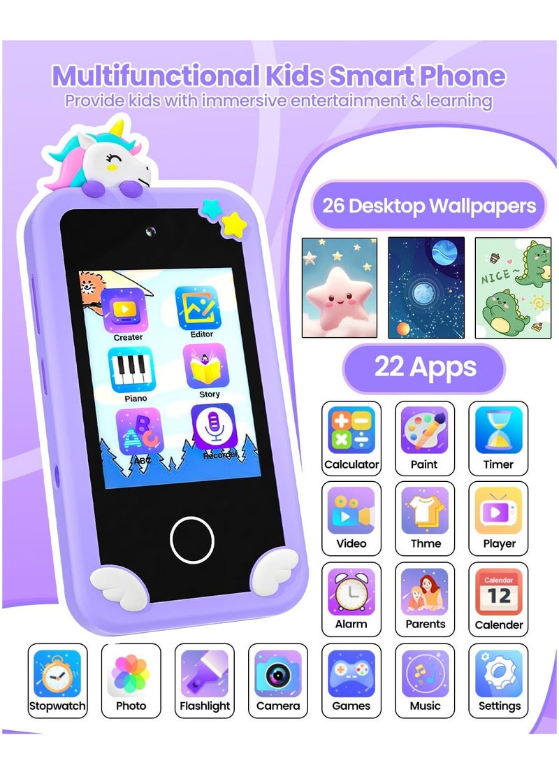 Kids Smart Phone for Boys with 32G Card & Holographic Pyramid,  for Age 3-10 Kids Toys Cell Phone, 2.8" Touchscreen Toddler Learning Toy, Dual Lens, Music Player, Arabic language support(Purple) - Image 2