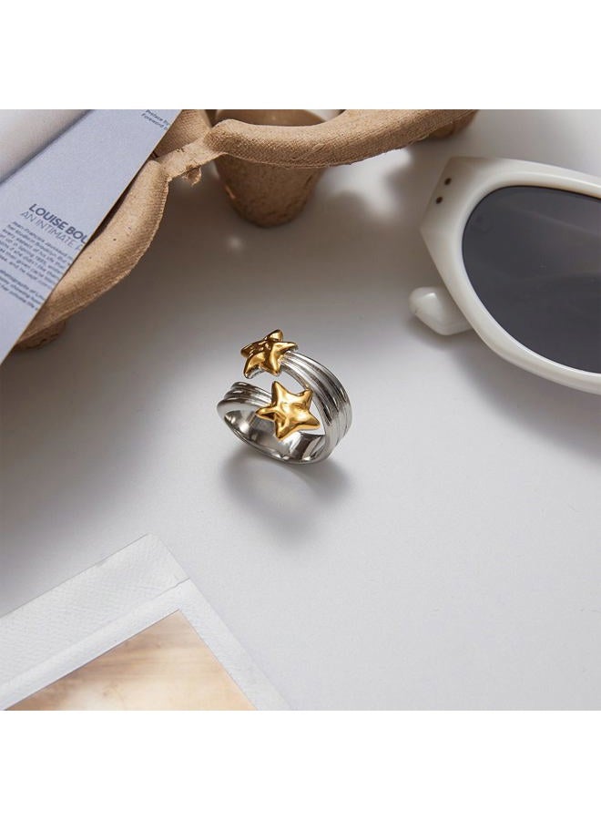 COORWEEL Two Tone Chunky Statement Ring for Women Unique Stars Mixed Metal Rings Vacation Jewelry, 8, Metal, No Gemstone - Image 5