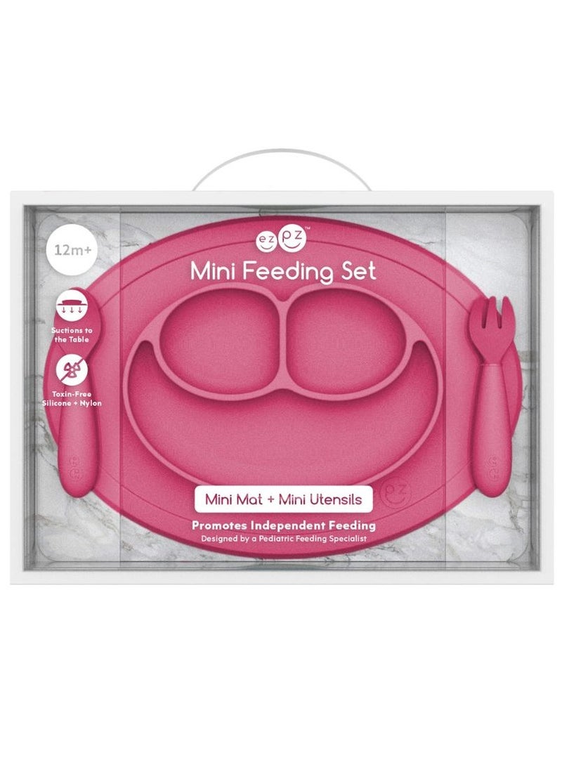ezpz Mini Baby Feeding Set - Baby Led Weaning - 100% Silicone Silicone Baby Feeding Set, Plate, Fork & Spoon For Infants + Toddlers - Pink - Image 5