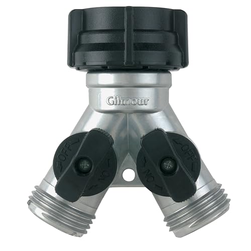 Gilmour Heavy Duty 2 Way Garden Hose Splitter, Dual Water Hose Splitter with Shut Off Valve, Metal Water Manifold - Image 1