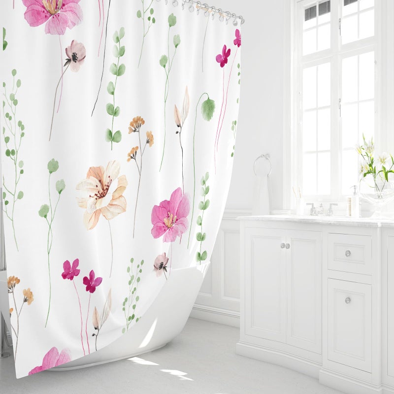 Gibelle Watercolor Floral Shower Curtain, Pink Beige Flower Shower Curtain for Bathroom, Modern Minimalist Waterproof Fabric Shower Curtain Set 72x72 Inch - Image 2