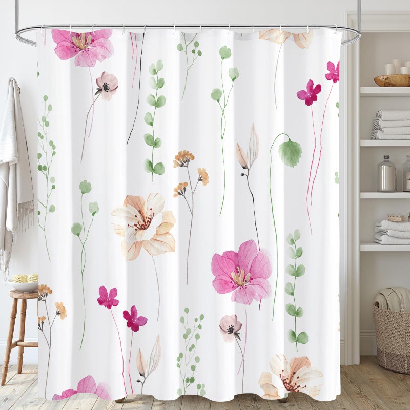 Gibelle Watercolor Floral Shower Curtain, Pink Beige Flower Shower Curtain for Bathroom, Modern Minimalist Waterproof Fabric Shower Curtain Set 72x72 Inch - Image 1
