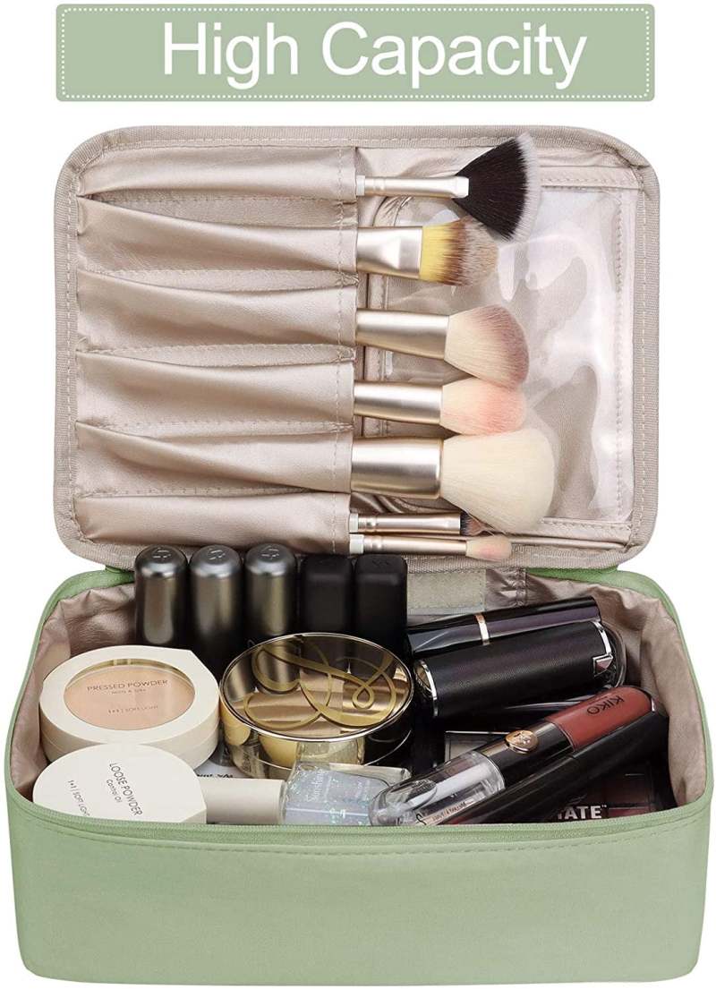Travel Makeup Organizer: 9.00 X 3.10 X 6.20 In Green Waterproof Fabric - Spacious Main Compartment Dedicated Brush Holder Compact Portable Design Jewelry Travel Case For Weekend Trips Carry On Luggage - Image 2