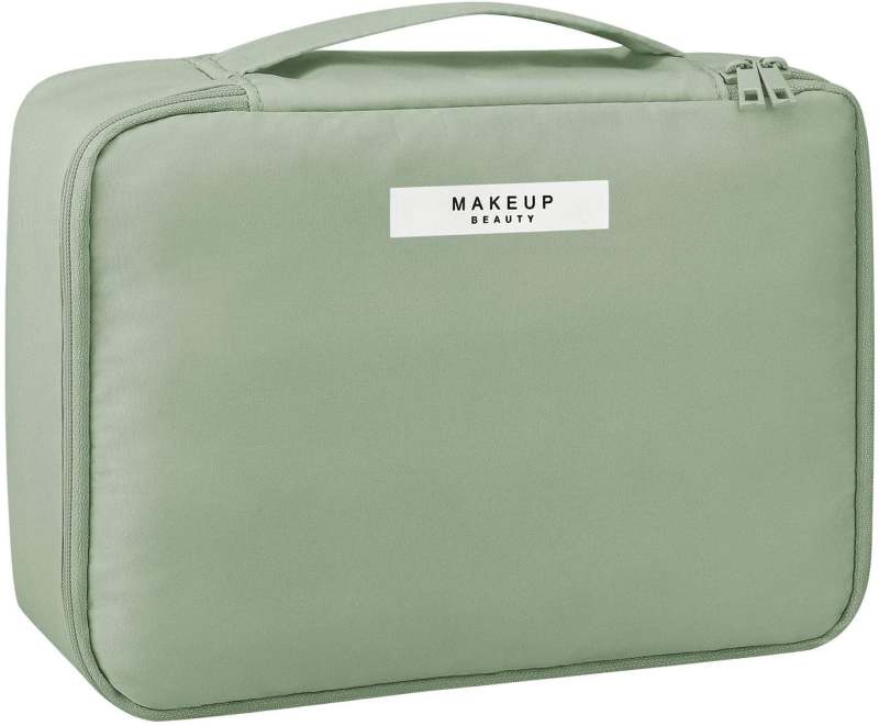 Travel Makeup Organizer: 9.00 X 3.10 X 6.20 In Green Waterproof Fabric - Spacious Main Compartment Dedicated Brush Holder Compact Portable Design Jewelry Travel Case For Weekend Trips Carry On Luggage - Image 1