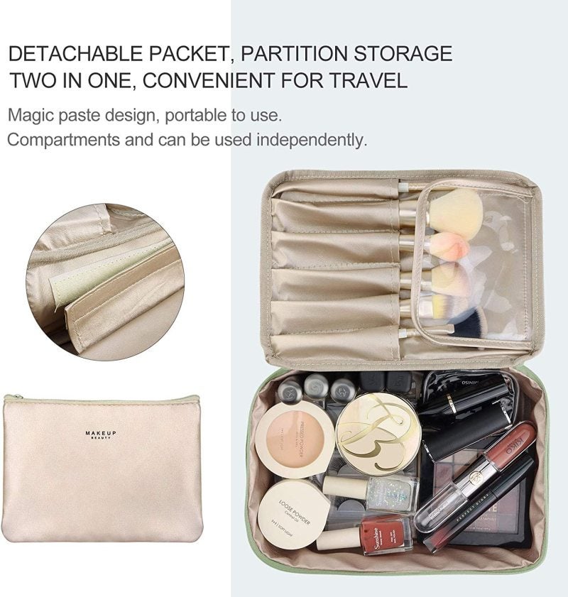 Travel Makeup Organizer: 9.00 X 3.10 X 6.20 In Green Waterproof Fabric - Spacious Main Compartment Dedicated Brush Holder Compact Portable Design Jewelry Travel Case For Weekend Trips Carry On Luggage - Image 4