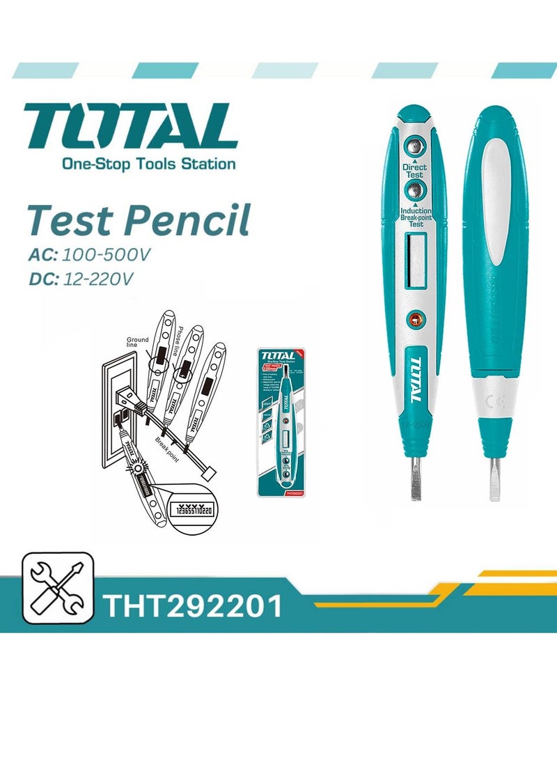 توتال TOTAL THT292201 قلم اختبار الجهد الكهربائي، كاشف جهد متردد ومستمر (AC/DC) يعمل بالتلامس وبدون تلامس، مفك اختبار كهربائي بشاشة عرض رقمية LCD، أداة اختبار الدوائر الكهربائية (12-220 فولت تيار مستمر و100-500 فولت تيار متردد). - Image 1