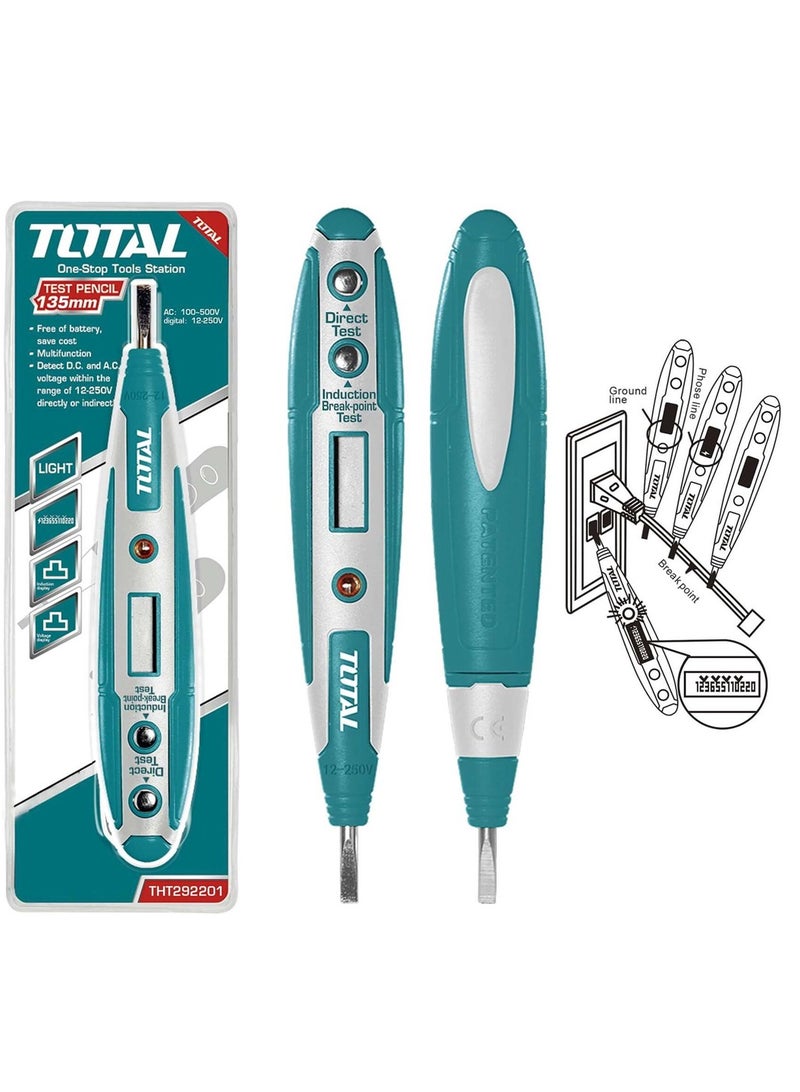 توتال TOTAL THT292201 قلم اختبار الجهد الكهربائي، كاشف جهد متردد ومستمر (AC/DC) يعمل بالتلامس وبدون تلامس، مفك اختبار كهربائي بشاشة عرض رقمية LCD، أداة اختبار الدوائر الكهربائية (12-220 فولت تيار مستمر و100-500 فولت تيار متردد). - Image 3