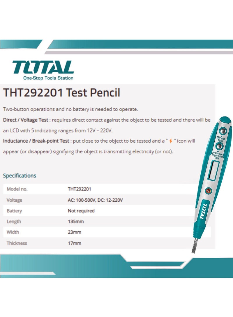 توتال TOTAL THT292201 قلم اختبار الجهد الكهربائي، كاشف جهد متردد ومستمر (AC/DC) يعمل بالتلامس وبدون تلامس، مفك اختبار كهربائي بشاشة عرض رقمية LCD، أداة اختبار الدوائر الكهربائية (12-220 فولت تيار مستمر و100-500 فولت تيار متردد). - Image 2