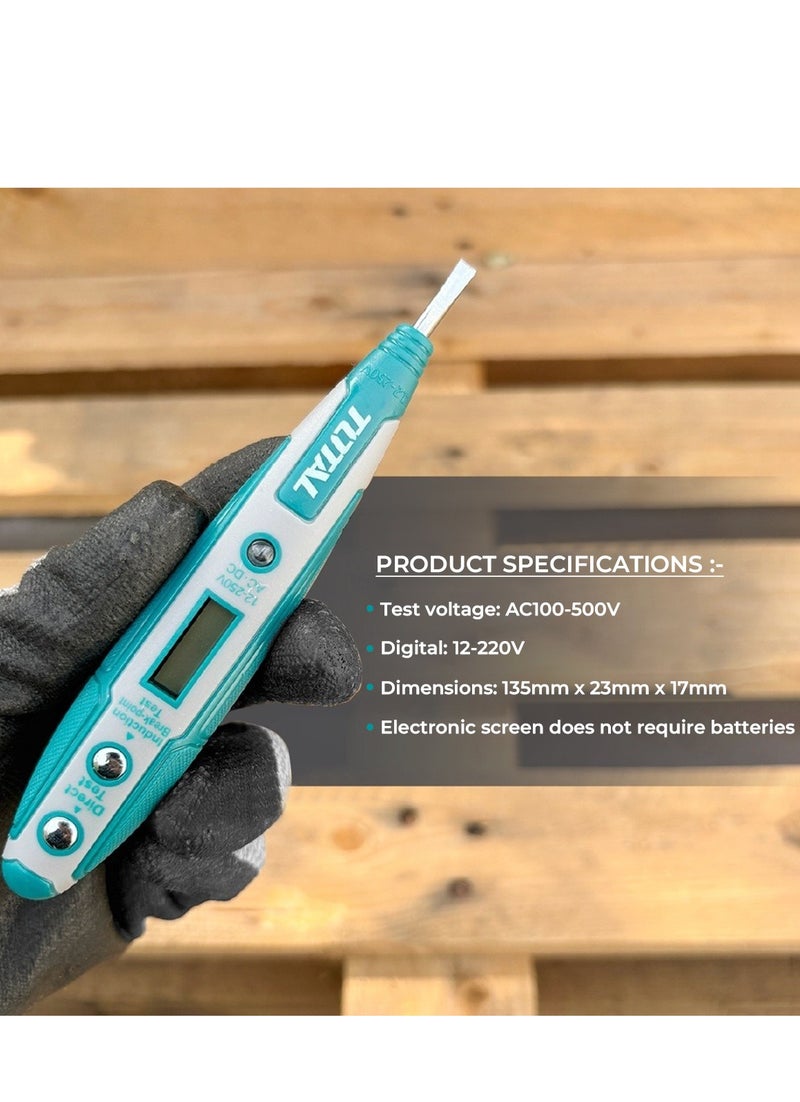 توتال TOTAL THT292201 قلم اختبار الجهد الكهربائي، كاشف جهد متردد ومستمر (AC/DC) يعمل بالتلامس وبدون تلامس، مفك اختبار كهربائي بشاشة عرض رقمية LCD، أداة اختبار الدوائر الكهربائية (12-220 فولت تيار مستمر و100-500 فولت تيار متردد). - Image 4
