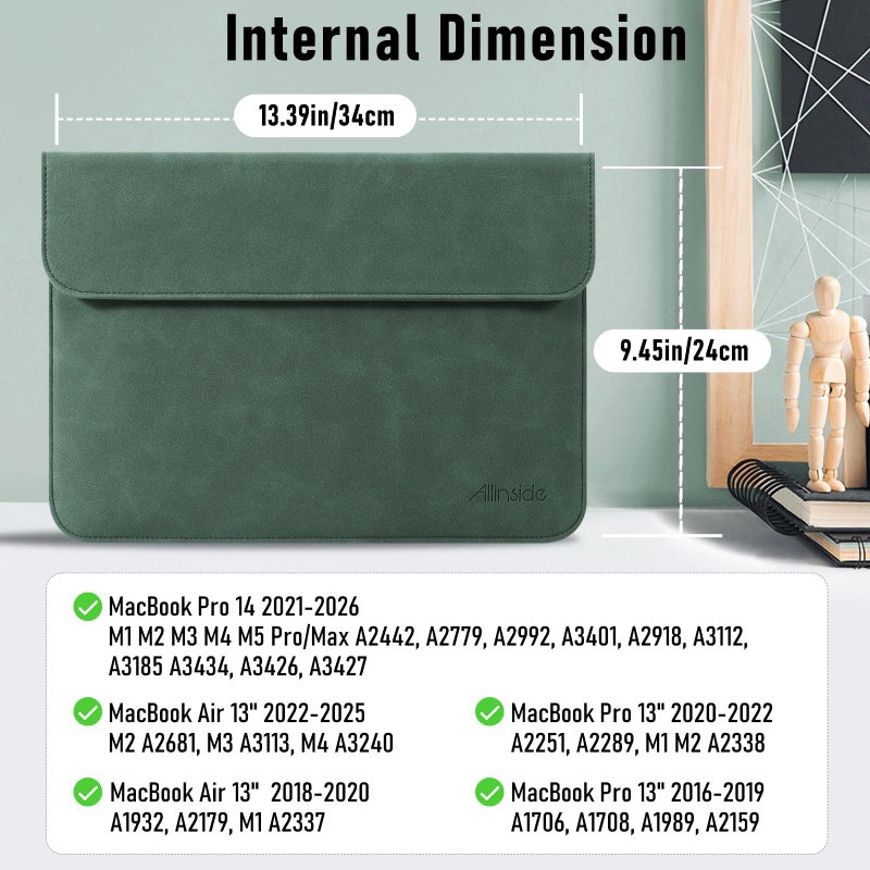 Allinside 13 Inch Laptop Sleeve Case for MacBook Air 13 2018-2026/MacBook Pro 13 2016-2022/Macbook Pro 14 2021-2026, Waterproof Matte PU Leather Horizontal Envelope Protective Case Cover, Dark Green - Image 2