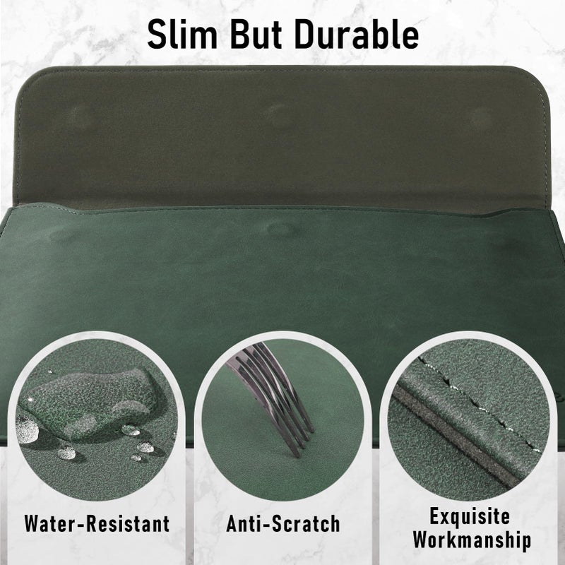 Allinside 13 Inch Laptop Sleeve Case for MacBook Air 13 2018-2026/MacBook Pro 13 2016-2022/Macbook Pro 14 2021-2026, Waterproof Matte PU Leather Horizontal Envelope Protective Case Cover, Dark Green - Image 3