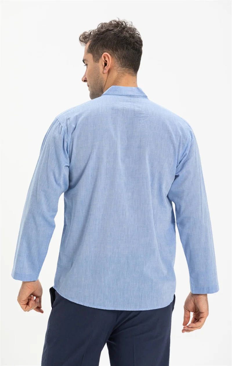 Eliş Şile Bezi Uzun Kol Şile Bezi Tek Cepli Hakim Yaka Erkek Tshirt Mavi 3032