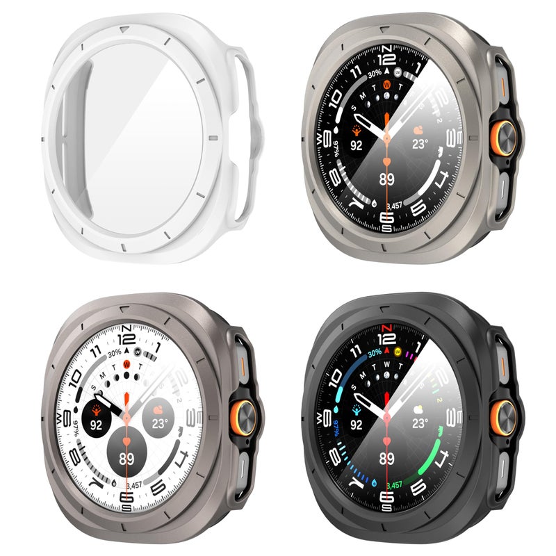 Suoman 4-Pack for Samsung Galaxy Watch 7/8 Ultra 47mm (2024/2025) Case, HD Tempered Glass Screen Protector, All-Round PC Hard Protective Cover Bumper -Black+Titanium Gold+Titanium Grey+White - Image 1