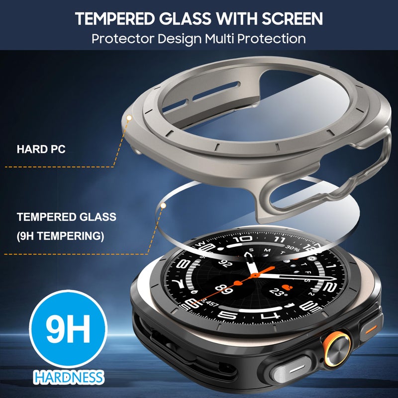 Suoman 4-Pack for Samsung Galaxy Watch 7/8 Ultra 47mm (2024/2025) Case, HD Tempered Glass Screen Protector, All-Round PC Hard Protective Cover Bumper -Black+Titanium Gold+Titanium Grey+White - Image 5