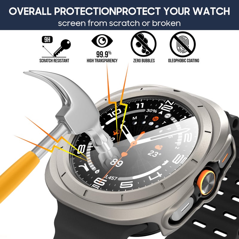 Suoman 4-Pack for Samsung Galaxy Watch 7/8 Ultra 47mm (2024/2025) Case, HD Tempered Glass Screen Protector, All-Round PC Hard Protective Cover Bumper -Black+Titanium Gold+Titanium Grey+White - Image 3