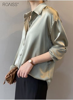 roaiss Women's Satin Luminous Drape Shirt Casual Versatile Loose Top Classic Polo Collar Long Sleeved Shirt With Button Closure  - Image 4