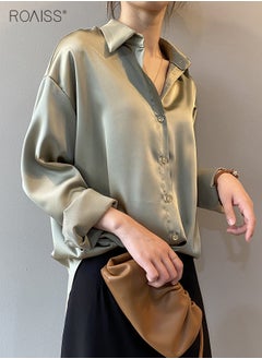 roaiss Women's Satin Luminous Drape Shirt Casual Versatile Loose Top Classic Polo Collar Long Sleeved Shirt With Button Closure  - Image 5