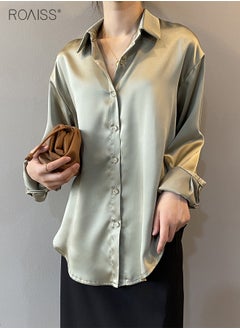 roaiss Women's Satin Luminous Drape Shirt Casual Versatile Loose Top Classic Polo Collar Long Sleeved Shirt With Button Closure  - Image 2