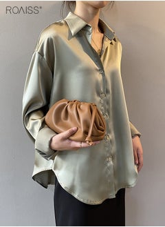 roaiss Women's Satin Luminous Drape Shirt Casual Versatile Loose Top Classic Polo Collar Long Sleeved Shirt With Button Closure  - Image 3