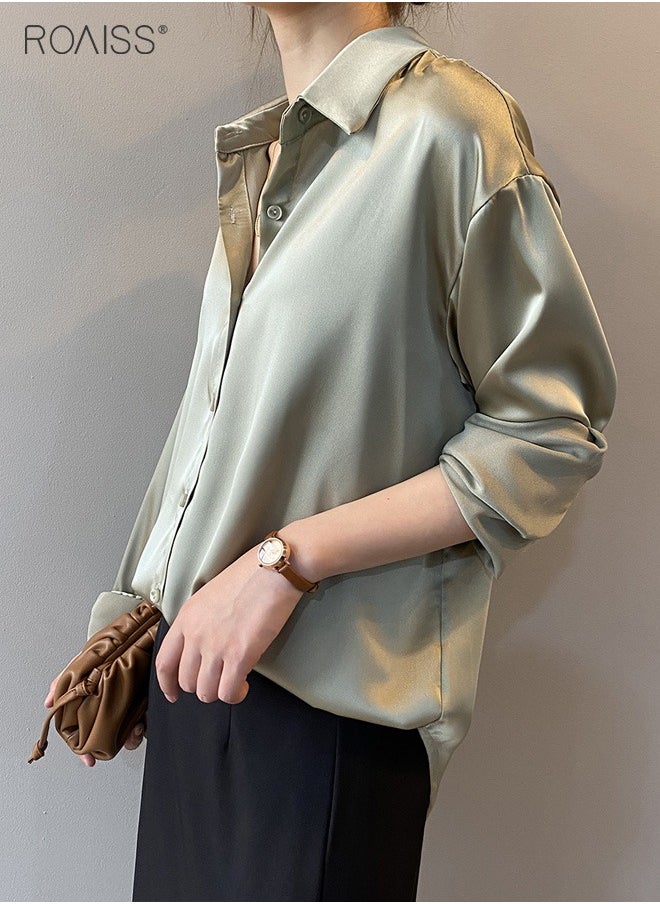 Women's Satin Luminous Drape Shirt Casual Versatile Loose Top Classic Polo Collar Long Sleeved Shirt With Button Closure - pzsku/Z8D48A3DCA4D3DA359ADEZ/45/_/1703663813/9c27b06a-1eb6-4d87-b1bd-caa430554dbd