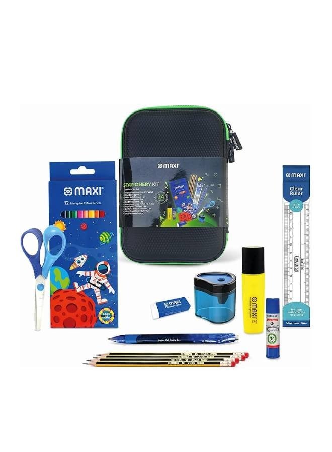 Double Zipper EVA Pencil Case Black, Product Included- Graphite pencil HB 4pcs + Color Pencil 12 Colour +Child Safe Scissors+Highlighter+Glue Stick 8gm+Eraser Big + Sharpener