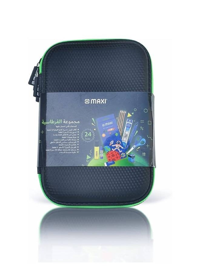 Maxi - Double Zipper EVA Pencil Case Black, Product Included- Graphite pencil HB 4pcs + Color Pencil 12 Colour +Child Safe Scissors+Highlighter+Glue Stick 8gm+Eraser Big + Sharpener - Image 1