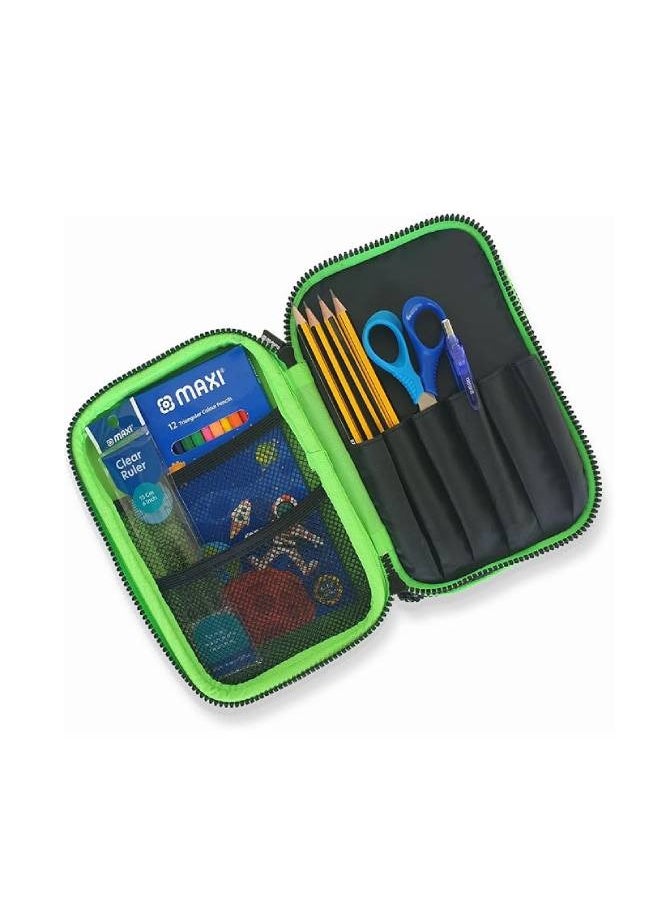 Maxi - Double Zipper EVA Pencil Case Black, Product Included- Graphite pencil HB 4pcs + Color Pencil 12 Colour +Child Safe Scissors+Highlighter+Glue Stick 8gm+Eraser Big + Sharpener - Image 1